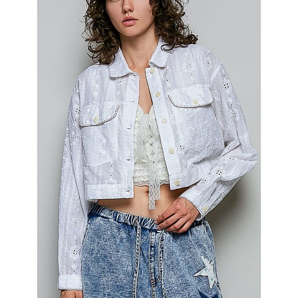 POL White Eyelet Cropped Jacket Eyelet Textured Cotton Button Front Sz Small